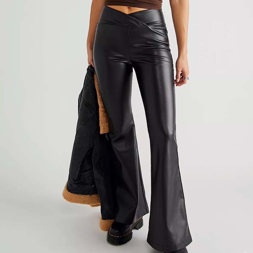 Free People 30 Venice Beach Vegan Leather Flare Pants Western Black Country Boho